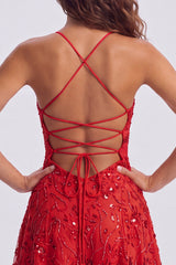 A-Line Red Sequins Lace Up Back Spaghetti Straps Short 80s Homecoming Dress
