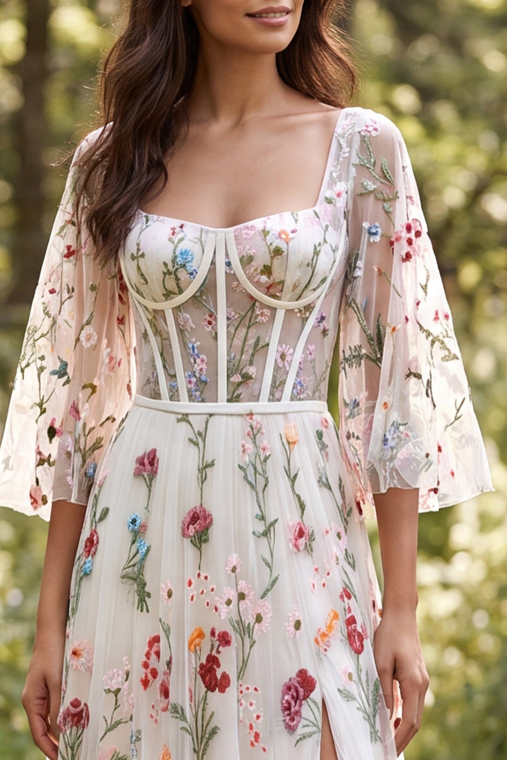 A-Line Ivory Floral Sheer Corset Long Wedding Dress with Slit