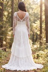 A-Line Ivory Long Sleeves Ruffled Long Wedding Dress with Slit