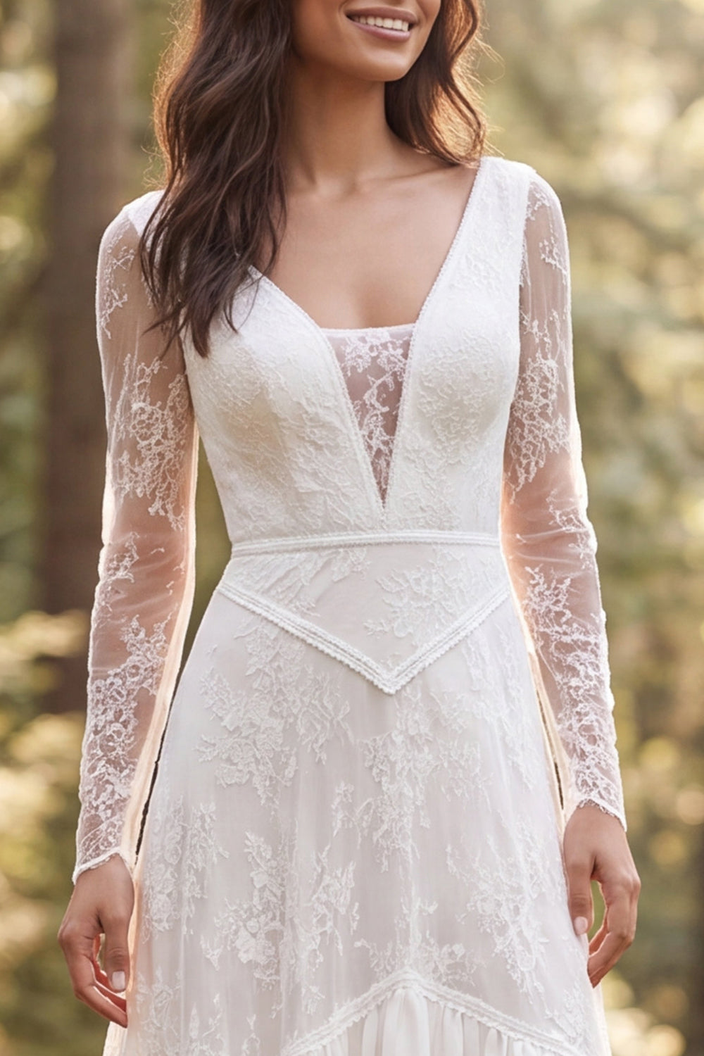 A-Line Ivory Long Sleeves Ruffled Long Wedding Dress with Slit