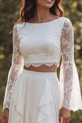 A-Line Ivory 2 Piece Bateau Neck Long Sleeves Wedding Dress with Slit