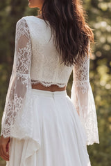 A-Line Ivory 2 Piece Bateau Neck Long Sleeves Wedding Dress with Slit