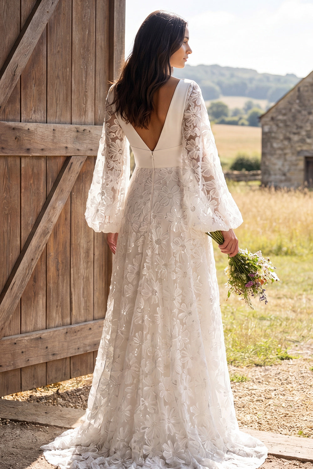A-Line Ivory Floral V-Neck Long Wedding Dress with Long Sleeves