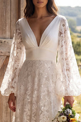 A-Line Ivory Floral V-Neck Long Wedding Dress with Long Sleeves