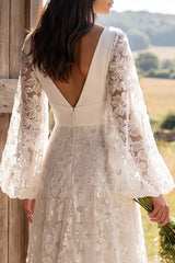 A-Line Ivory Floral V-Neck Long Wedding Dress with Long Sleeves