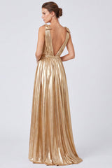 A-Line Metallic Gold V-Neck Long Formal Dress with Slit