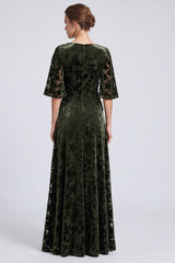 A-Line Olive V-Neck Velvet Floral Ruched Long Formal Dress with Half Sleeves