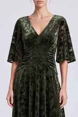 A-Line Olive V-Neck Velvet Floral Ruched Long Formal Dress with Half Sleeves