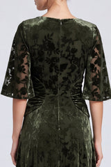 A-Line Olive V-Neck Velvet Floral Ruched Long Formal Dress with Half Sleeves
