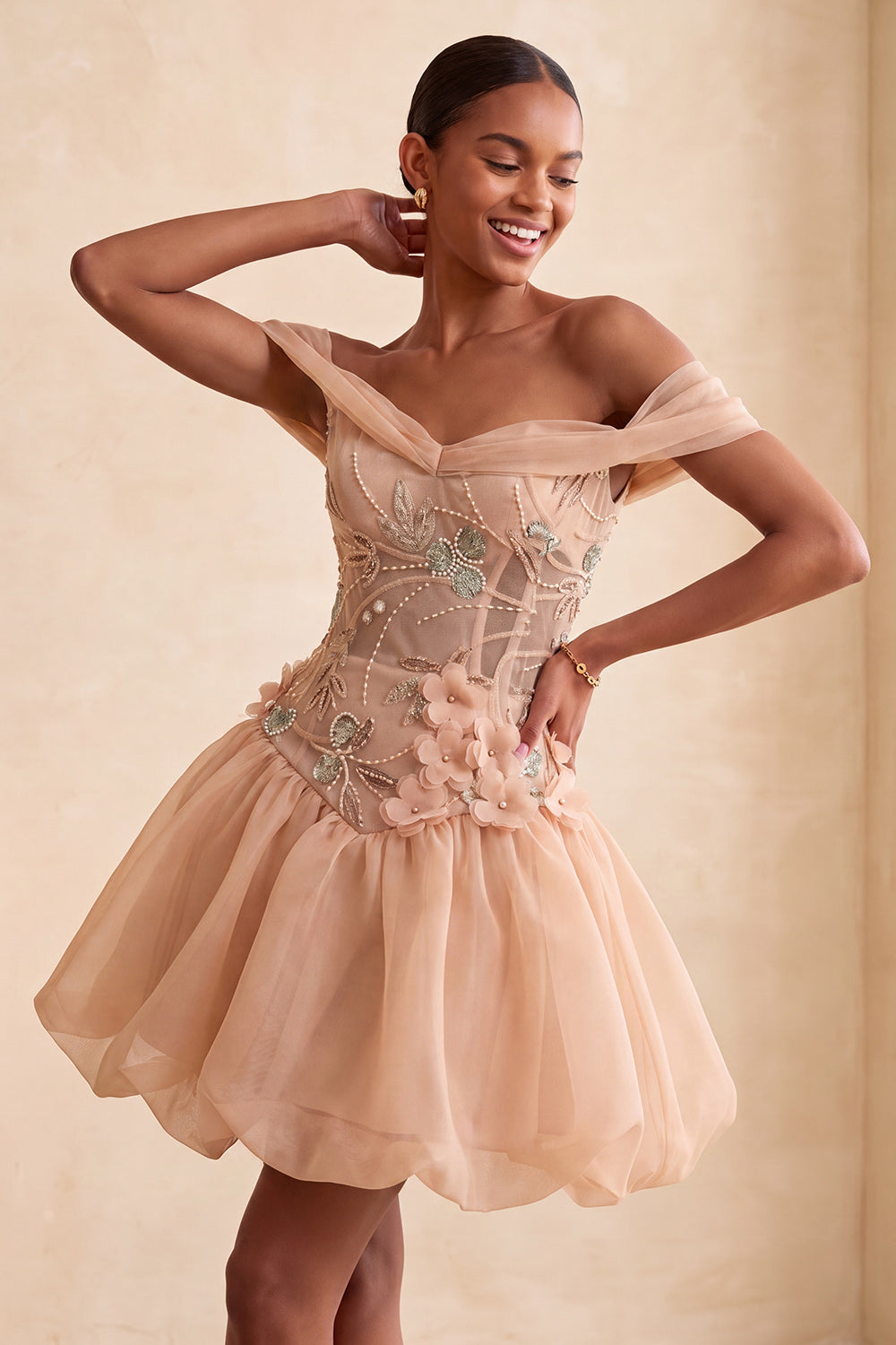 A-Line Pink Off the Shoulder Corset Bubble Hem Homecoming Dress with Lace Up Back