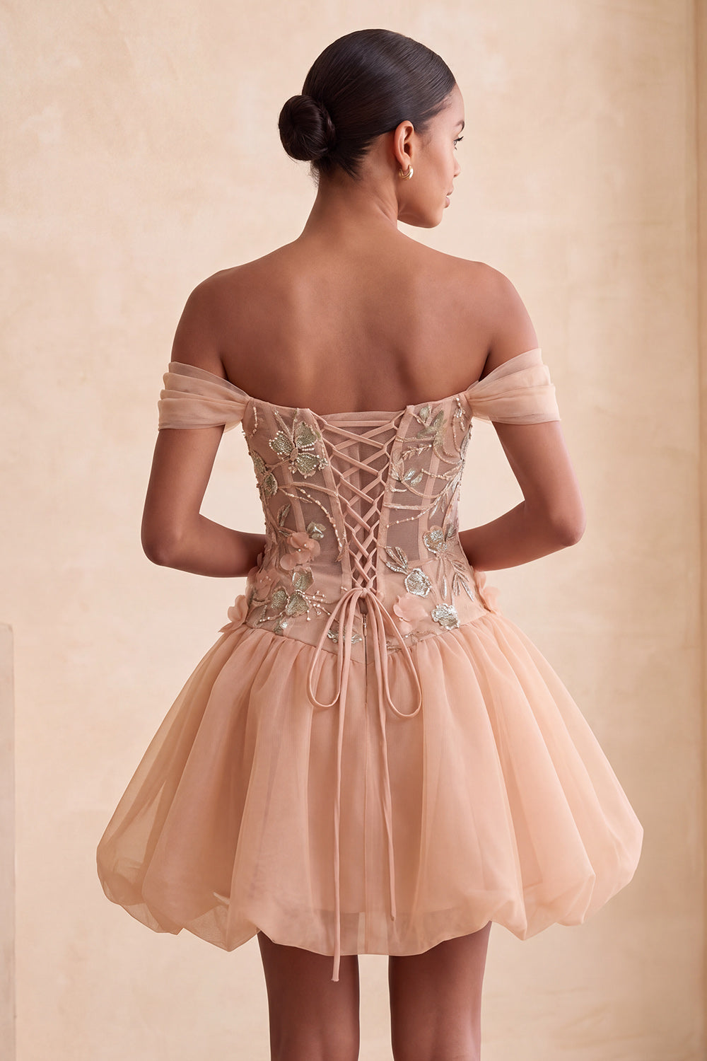 A-Line Pink Off the Shoulder Corset Bubble Hem Homecoming Dress with Lace Up Back
