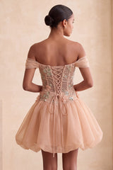 A-Line Pink Off the Shoulder Corset Bubble Hem Homecoming Dress with Lace Up Back
