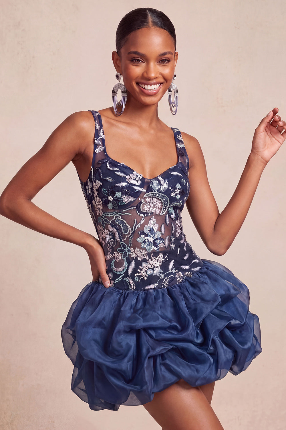 A-Line Navy Sequins Floral Thick Straps Short Homecoming Dress