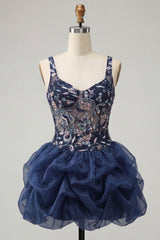 A-Line Navy Sequins Floral Thick Straps Short Homecoming Dress
