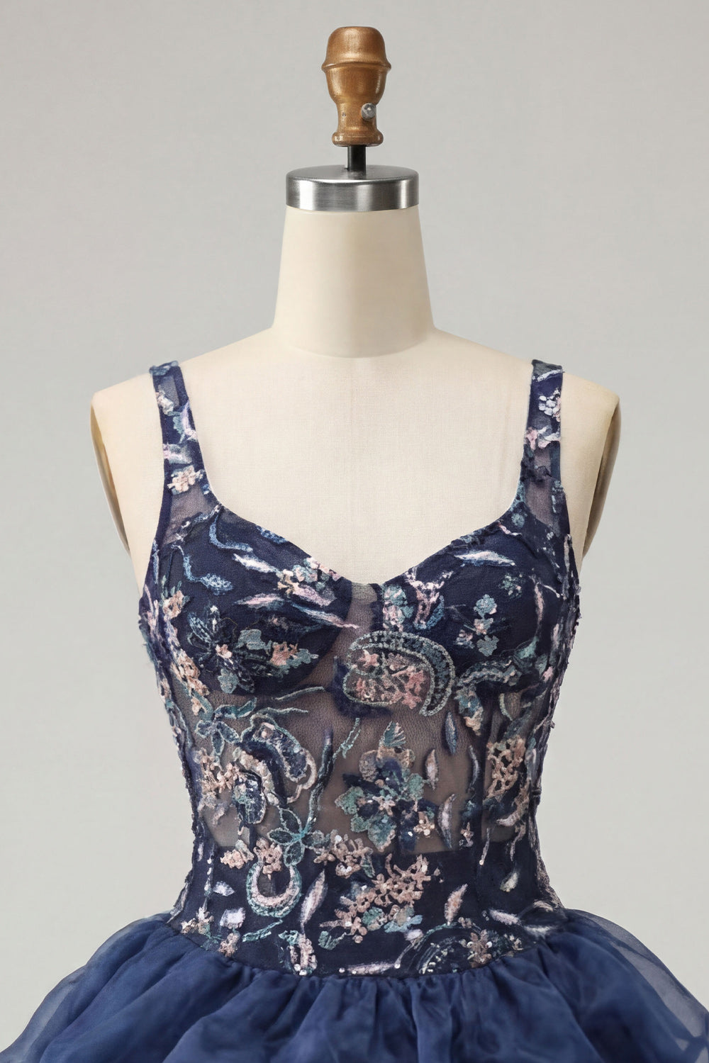 A-Line Navy Sequins Floral Thick Straps Short Homecoming Dress