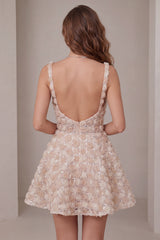 A-Line Champagne Floral Short Thick Straps Homecoming Dress with Sequins