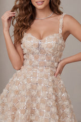 A-Line Champagne Floral Short Thick Straps Homecoming Dress with Sequins