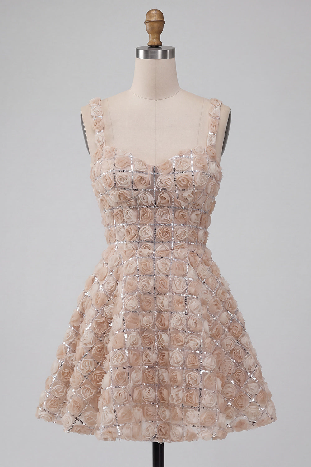 A-Line Champagne Floral Short Thick Straps Homecoming Dress with Sequins