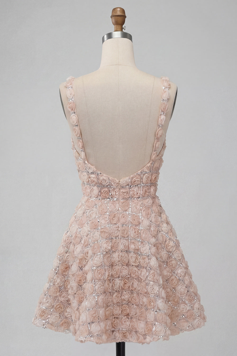 A-Line Champagne Floral Short Thick Straps Homecoming Dress with Sequins