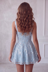 A-Line Sky Blue Thick Straps Short Floral Sequins Homecoming Dress with Bow