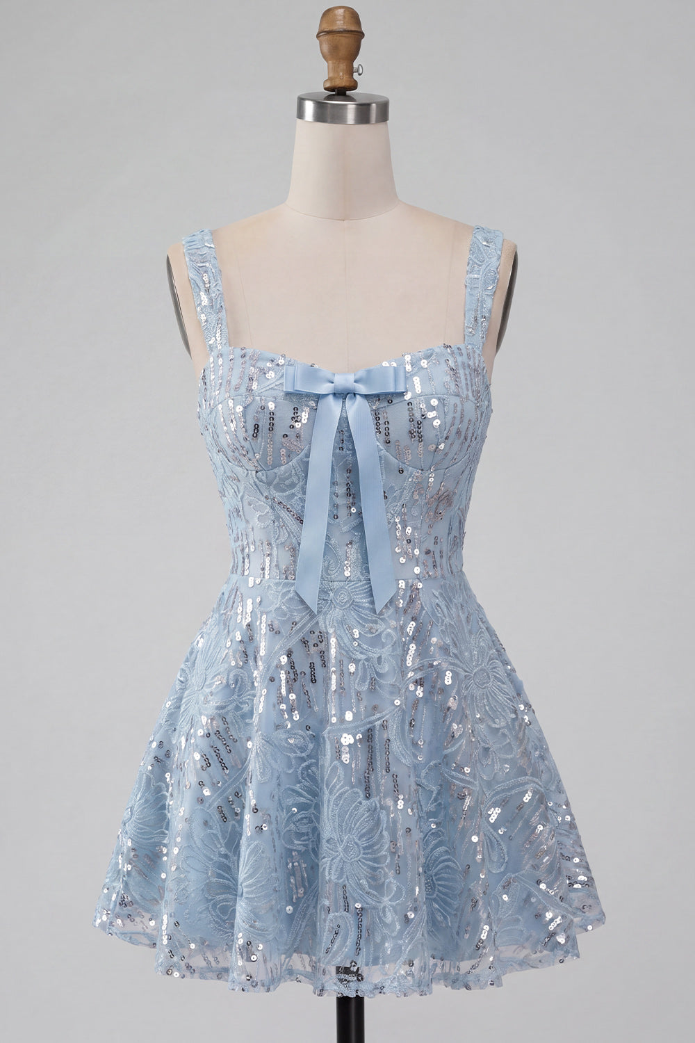 A-Line Sky Blue Thick Straps Short Floral Sequins Homecoming Dress with Bow