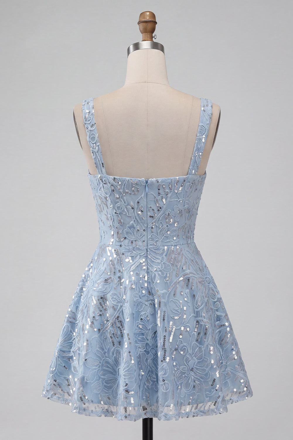 A-Line Sky Blue Thick Straps Short Floral Sequins Homecoming Dress with Bow