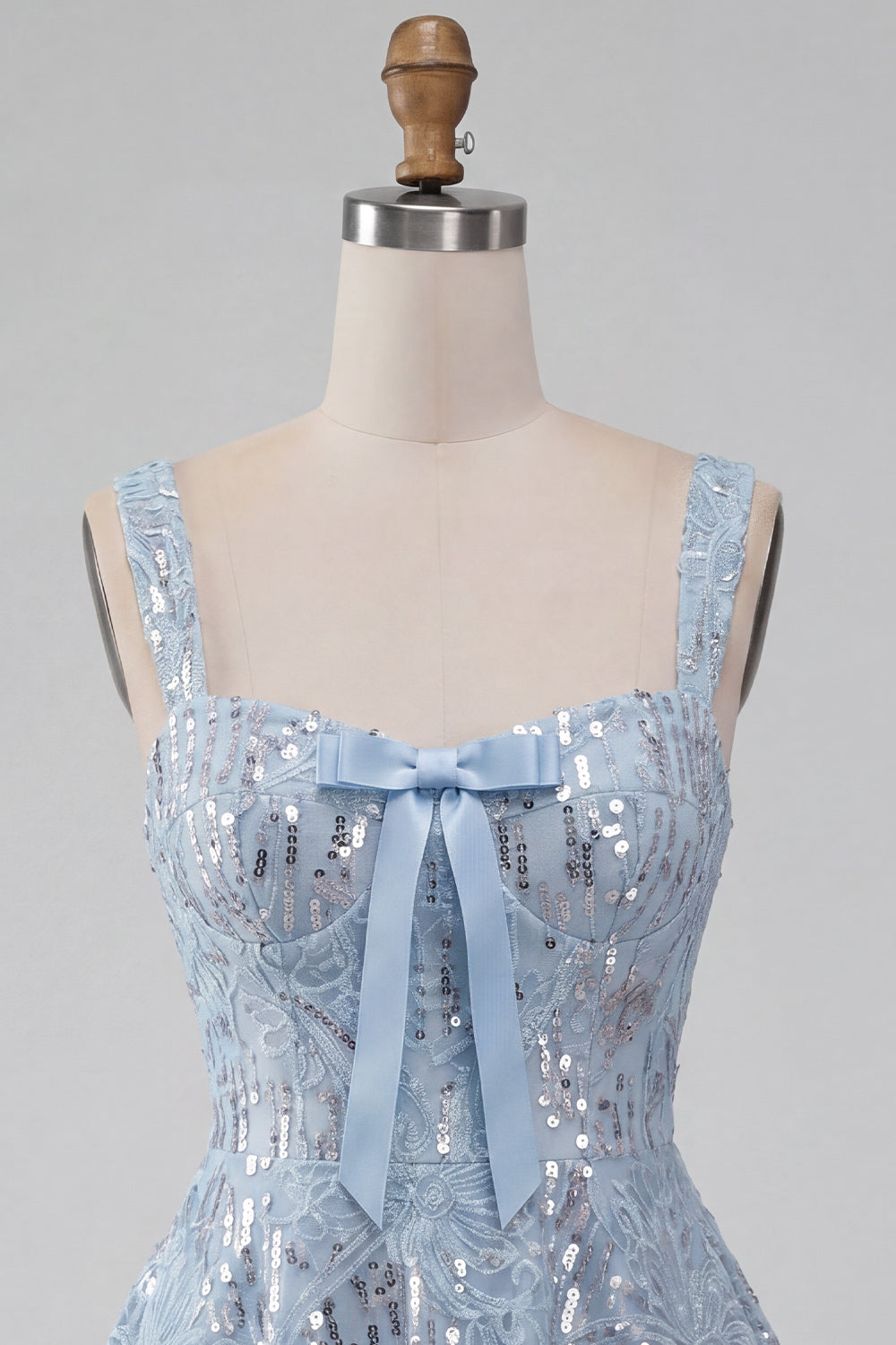 A-Line Sky Blue Thick Straps Short Floral Sequins Homecoming Dress with Bow