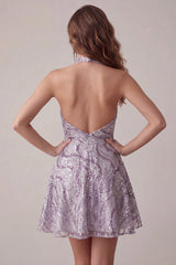 A-Line Lilac Halter Neck Backless Short Homecoming Dress with Sequins