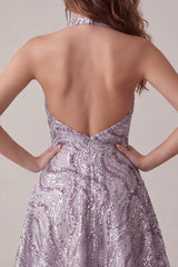 A-Line Lilac Halter Neck Backless Short Homecoming Dress with Sequins