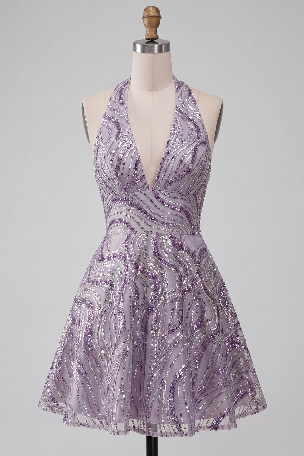 A-Line Lilac Halter Neck Backless Short Homecoming Dress with Sequins