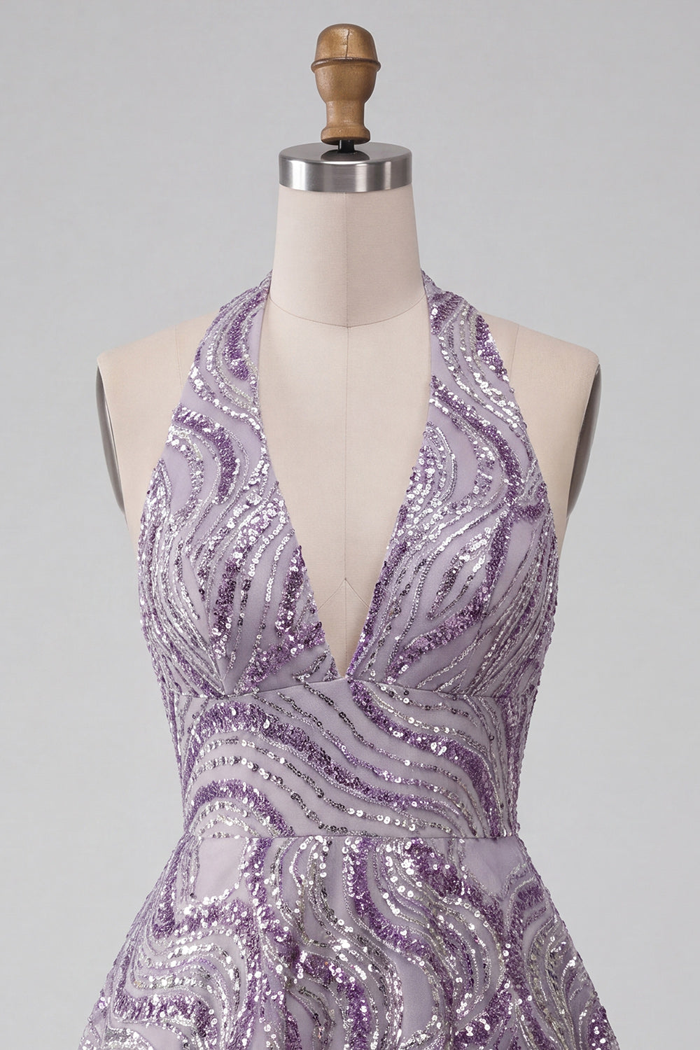 A-Line Lilac Halter Neck Backless Short Homecoming Dress with Sequins