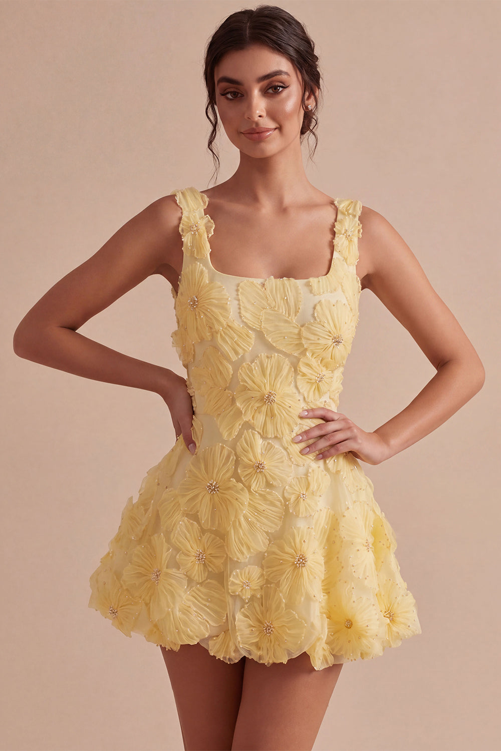 A-Line Square Neck Pearls Floral Short Yellow Homecoming Dress with Beading