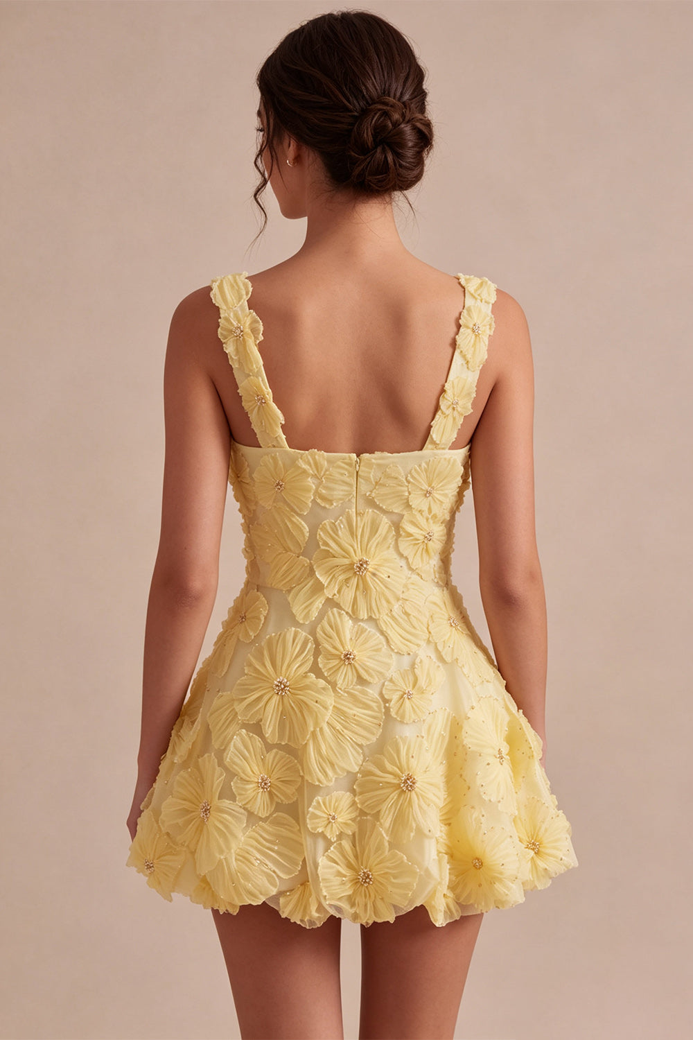 A-Line Square Neck Pearls Floral Short Yellow Homecoming Dress with Beading