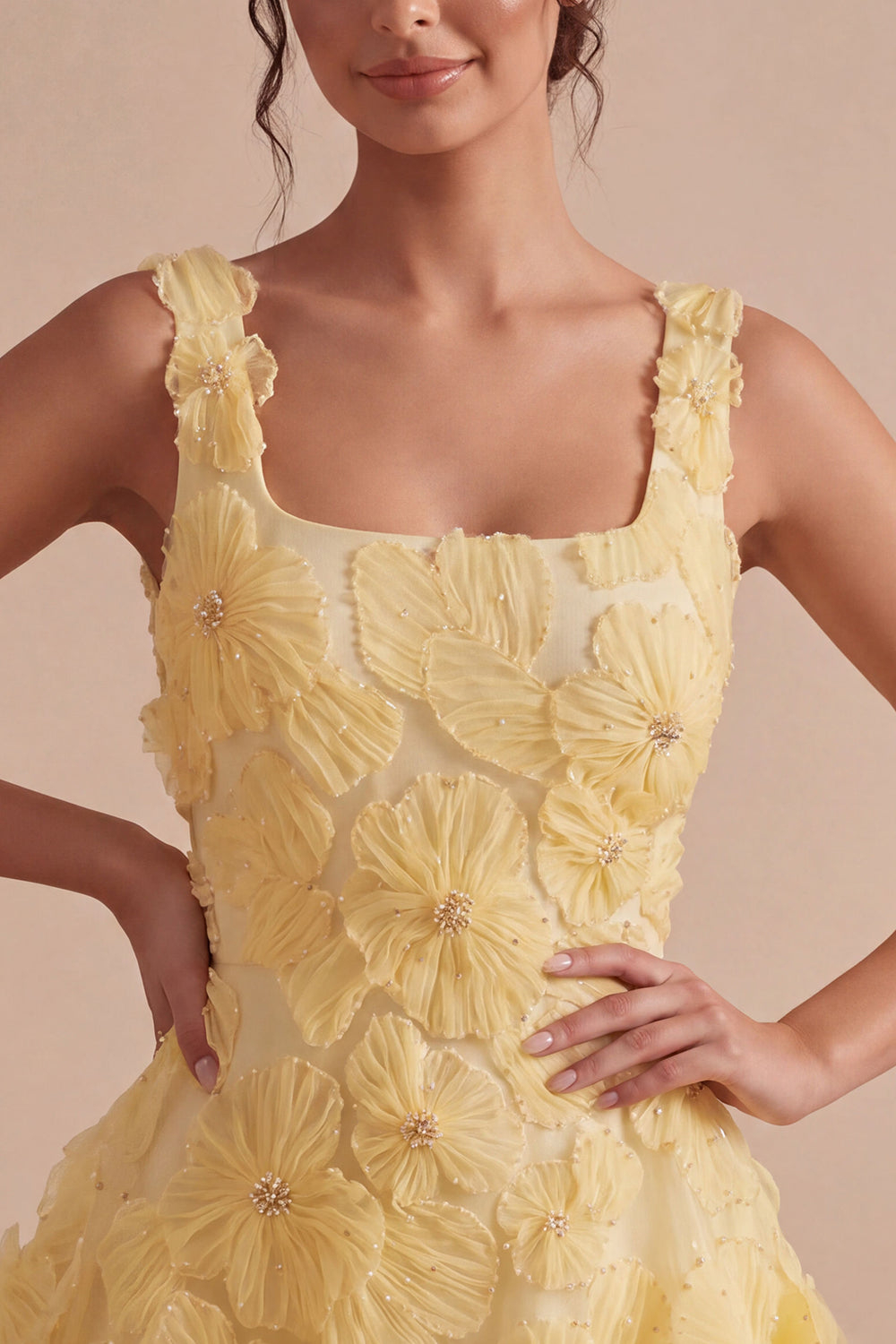 A-Line Square Neck Pearls Floral Short Yellow Homecoming Dress with Beading