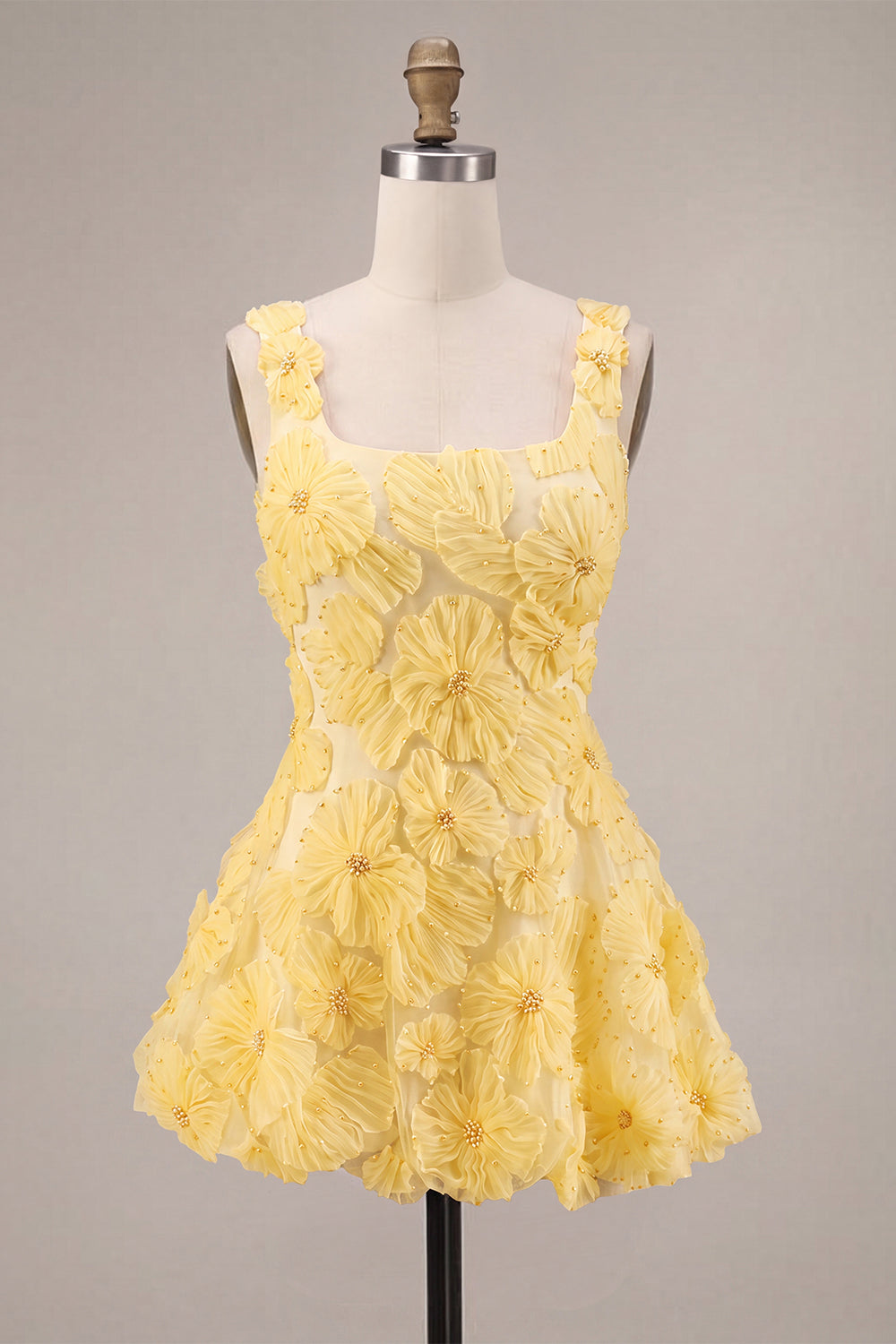A-Line Square Neck Pearls Floral Short Yellow Homecoming Dress with Beading