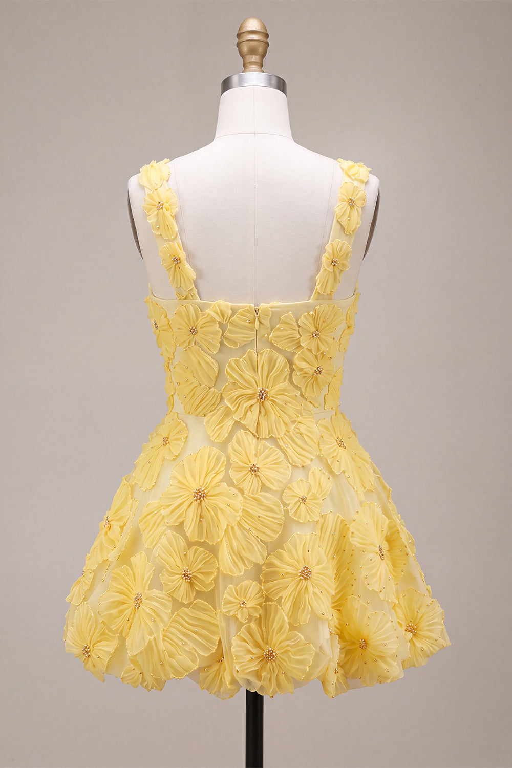 A-Line Square Neck Pearls Floral Short Yellow Homecoming Dress with Beading