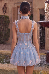 A-Line Blue Sheer Corset Floral Ruffled Bubble Hem Short Homecoming Dress