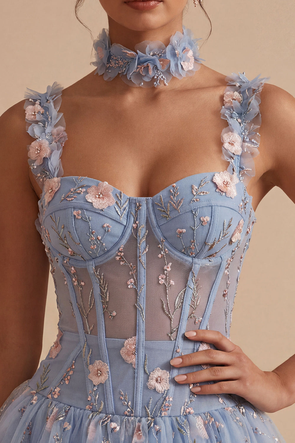A-Line Blue Sheer Corset Floral Ruffled Bubble Hem Short Homecoming Dress