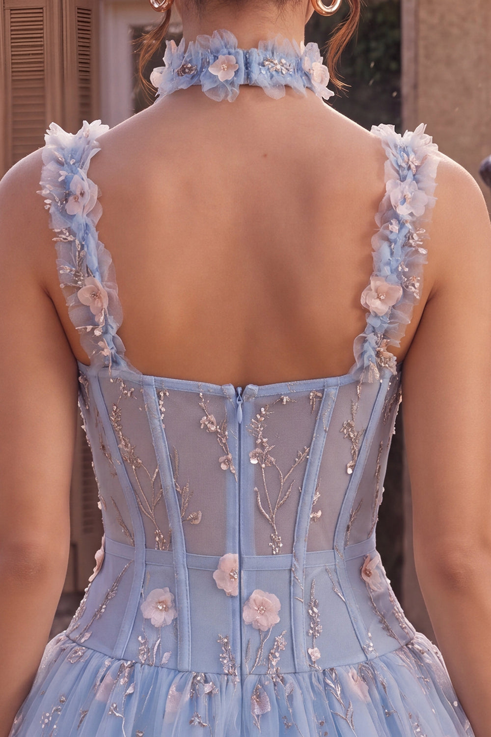 A-Line Blue Sheer Corset Floral Ruffled Bubble Hem Short Homecoming Dress