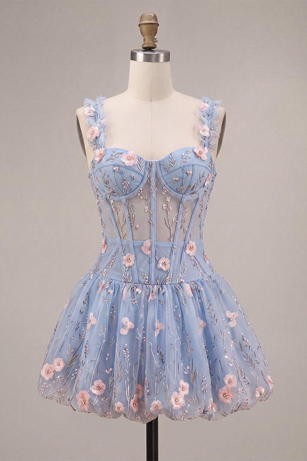 A-Line Blue Sheer Corset Floral Ruffled Bubble Hem Short Homecoming Dress