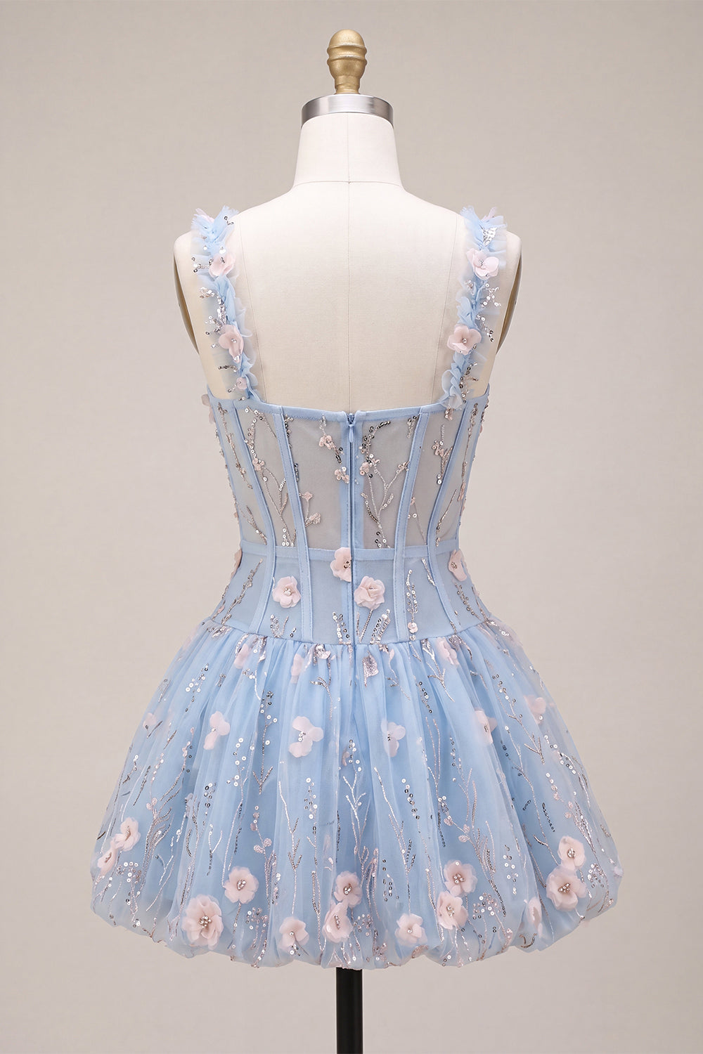 A-Line Blue Sheer Corset Floral Ruffled Bubble Hem Short Homecoming Dress