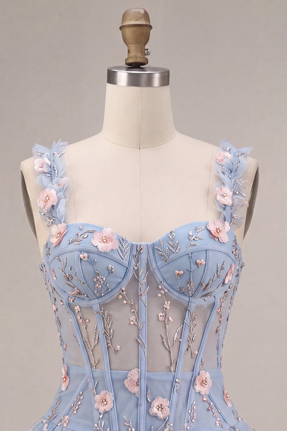 A-Line Blue Sheer Corset Floral Ruffled Bubble Hem Short Homecoming Dress