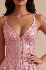 A-Line Pink Tiered Ruffled Sequins Short Homecoming Dress