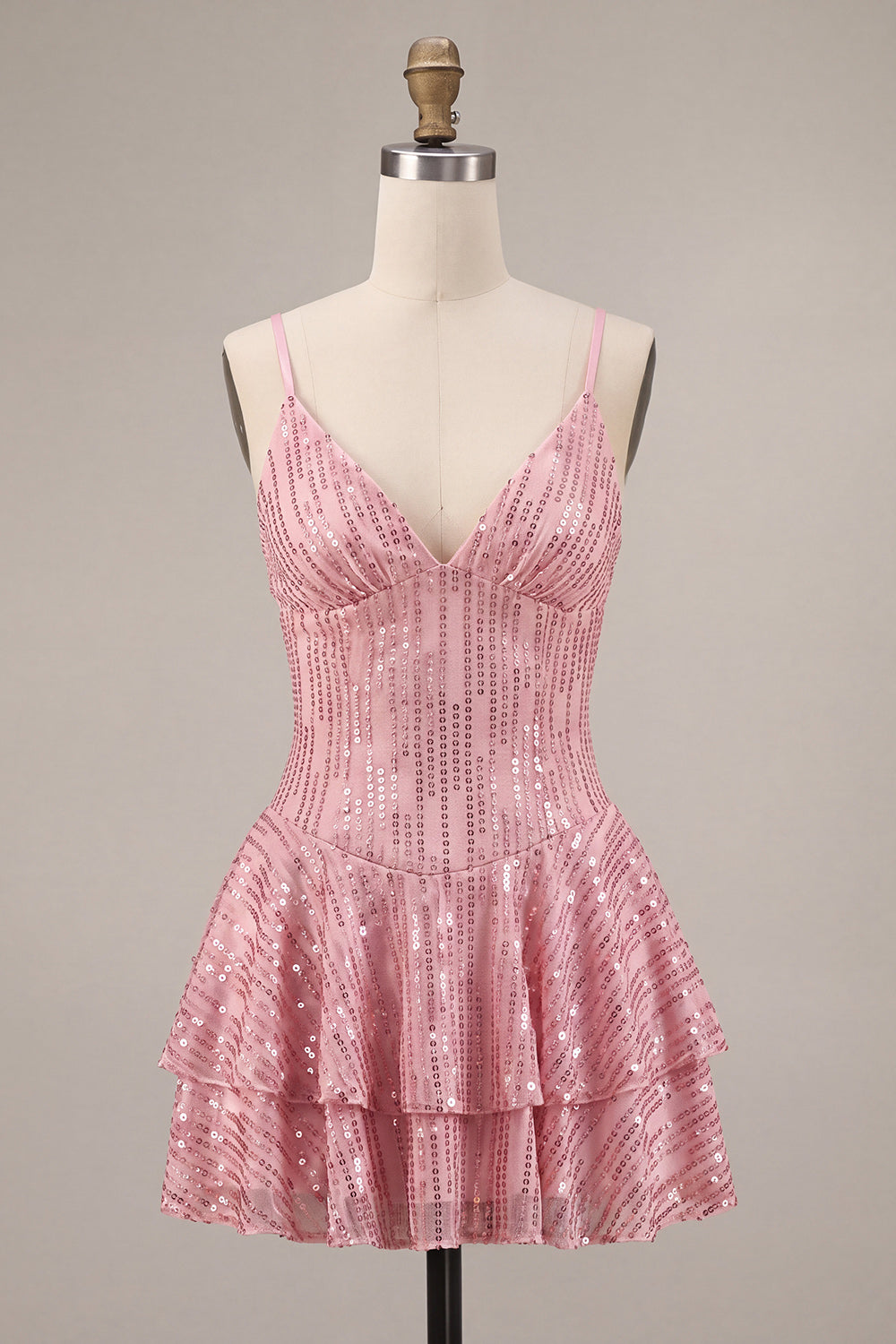 A-Line Pink Tiered Ruffled Sequins Short Homecoming Dress