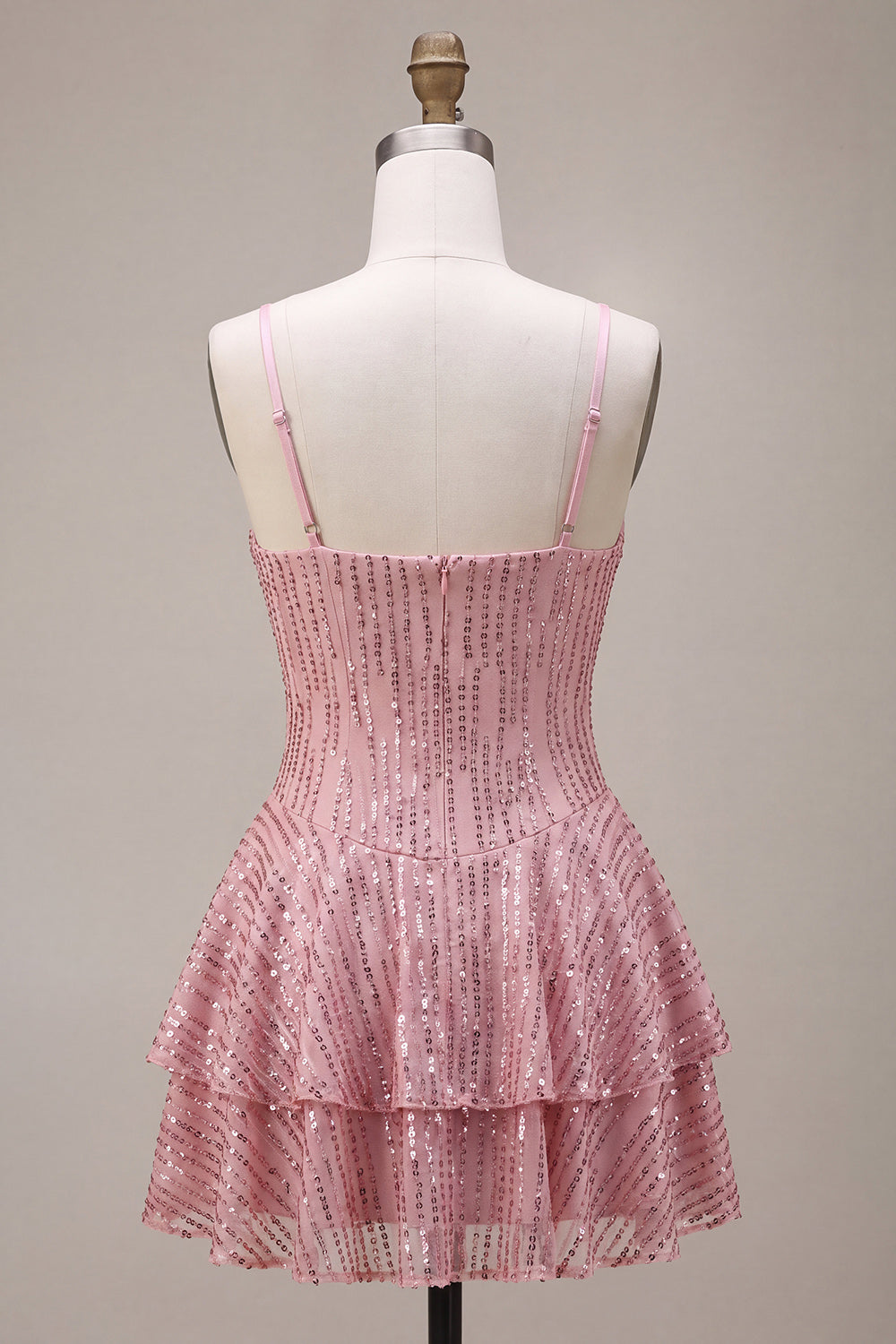 A-Line Pink Tiered Ruffled Sequins Short Homecoming Dress