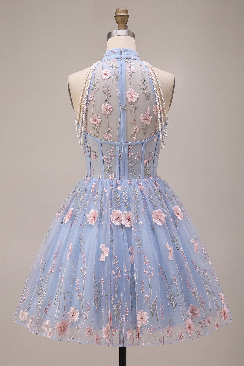 A-Line Blue Halter Neck Ruffled Floral Corset Pearls Short Homecoming Dress