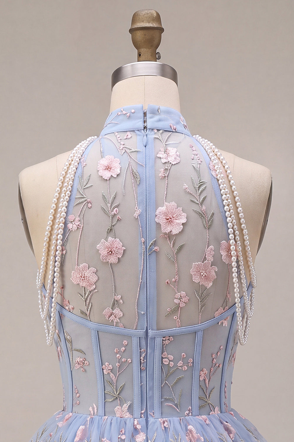 A-Line Blue Halter Neck Ruffled Floral Corset Pearls Short Homecoming Dress