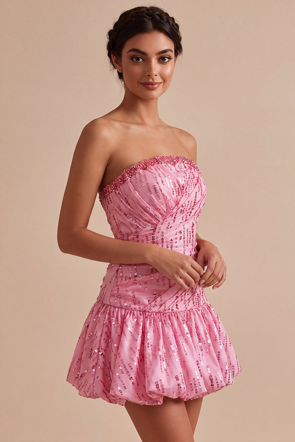 A-Line Pink Strapless Sequins Ruched Bubble Hem Short Homecoming Dress