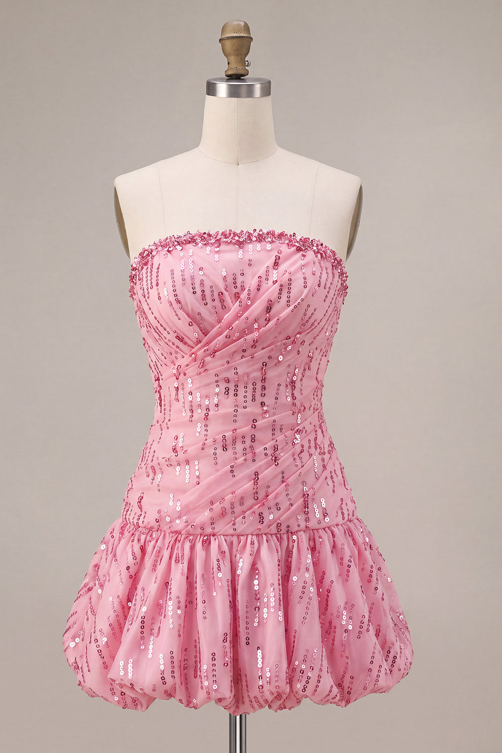A-Line Pink Strapless Sequins Ruched Bubble Hem Short Homecoming Dress