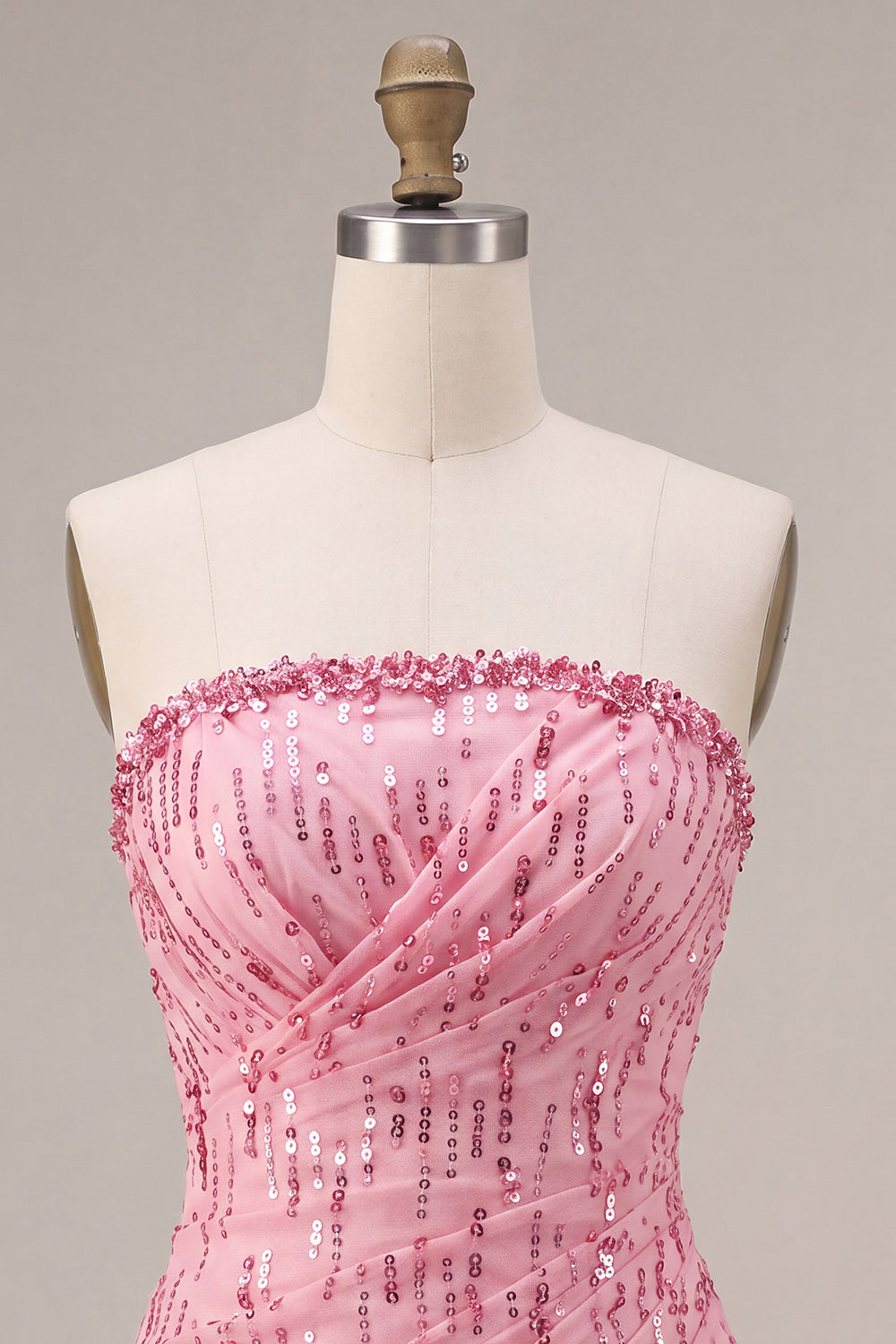 A-Line Pink Strapless Sequins Ruched Bubble Hem Short Homecoming Dress